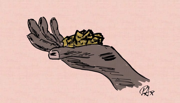 Teckning av en mörkhyad hand som håller i en mineralsten med gul täckning. Av Per Axbom.