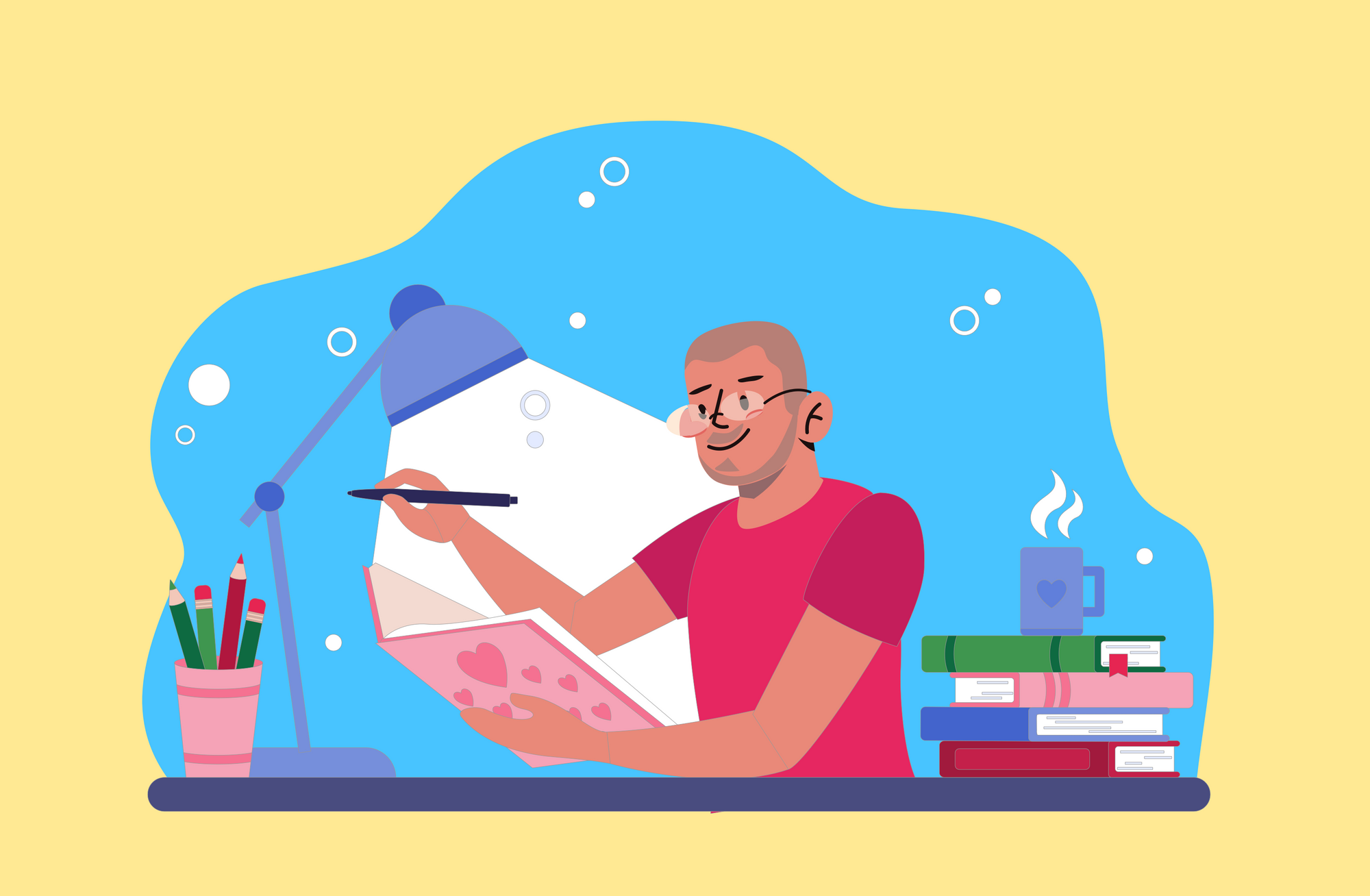 Illustration av Per Axbom som skriver i en dagbok dekorerad med hjärtan.
