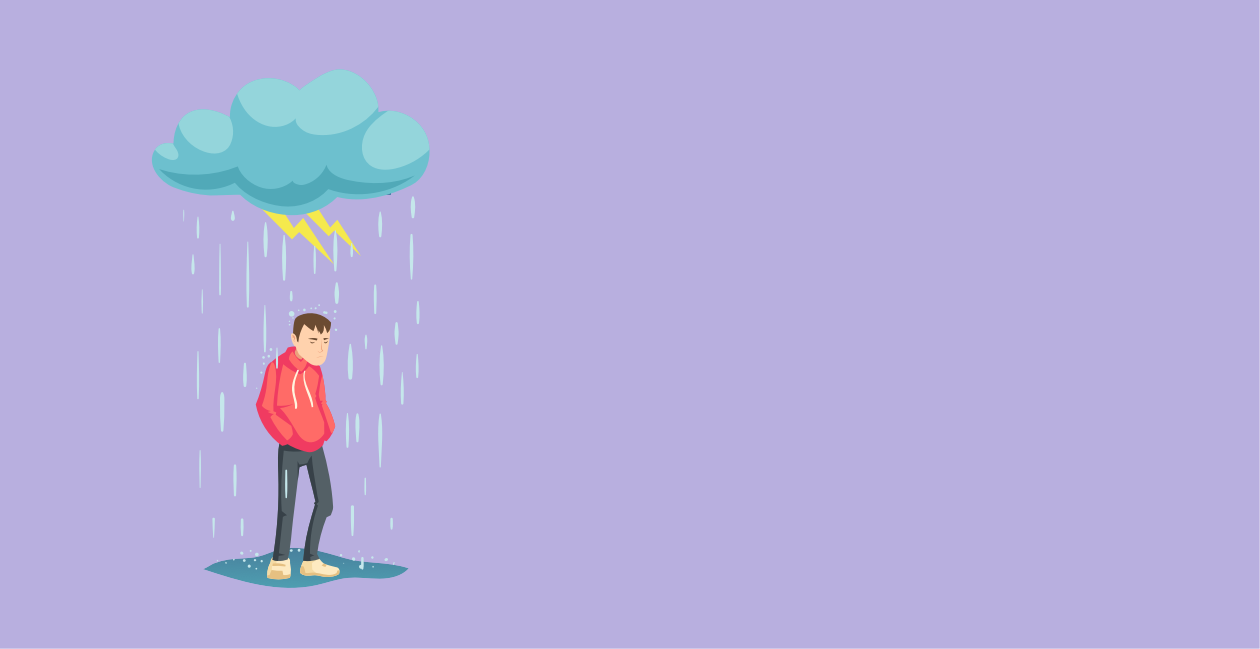 Illustration av person som står och ser utmattad och ledsen ut under ett moln som regnar och blixtrar.