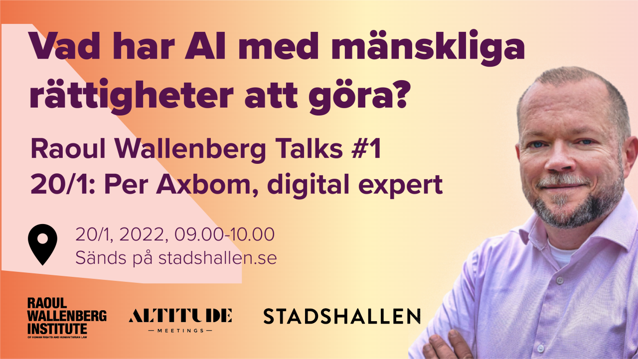Annons för föreläsningen med bild på Per och rubriken Vad har AI med mänskliga rättigheter att göra?