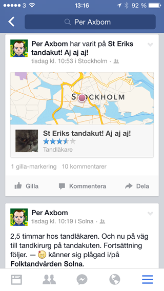 Skärmdumpar från Facebook som meddelar att Per Axbom har varit på "St Eriks tandakut Aj Aj Aj!"