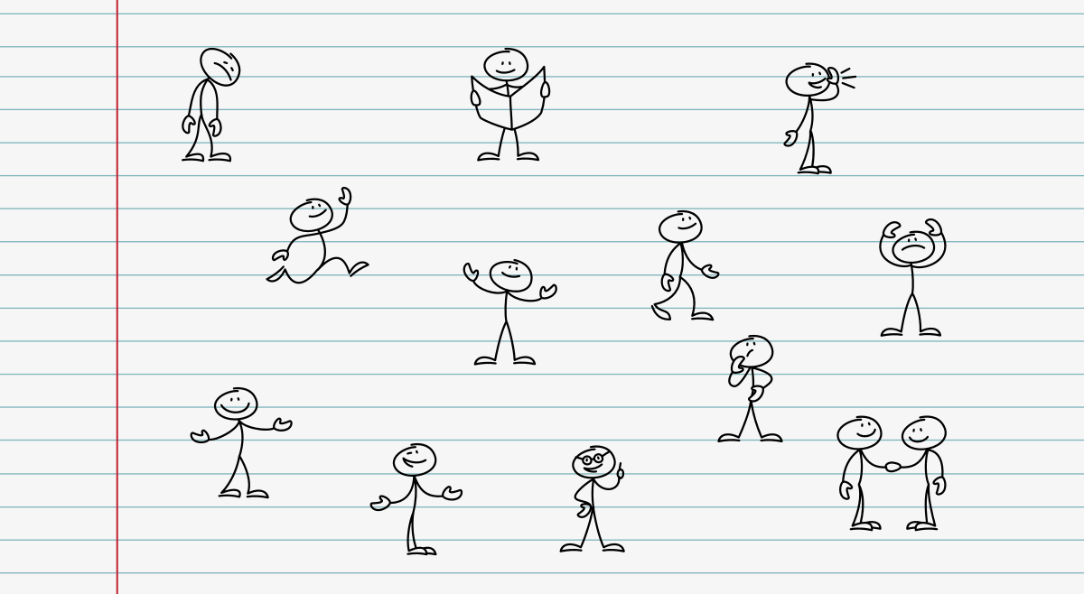 Pappersark med en rad olika streckgrubbar i olika poser med olika minspel.