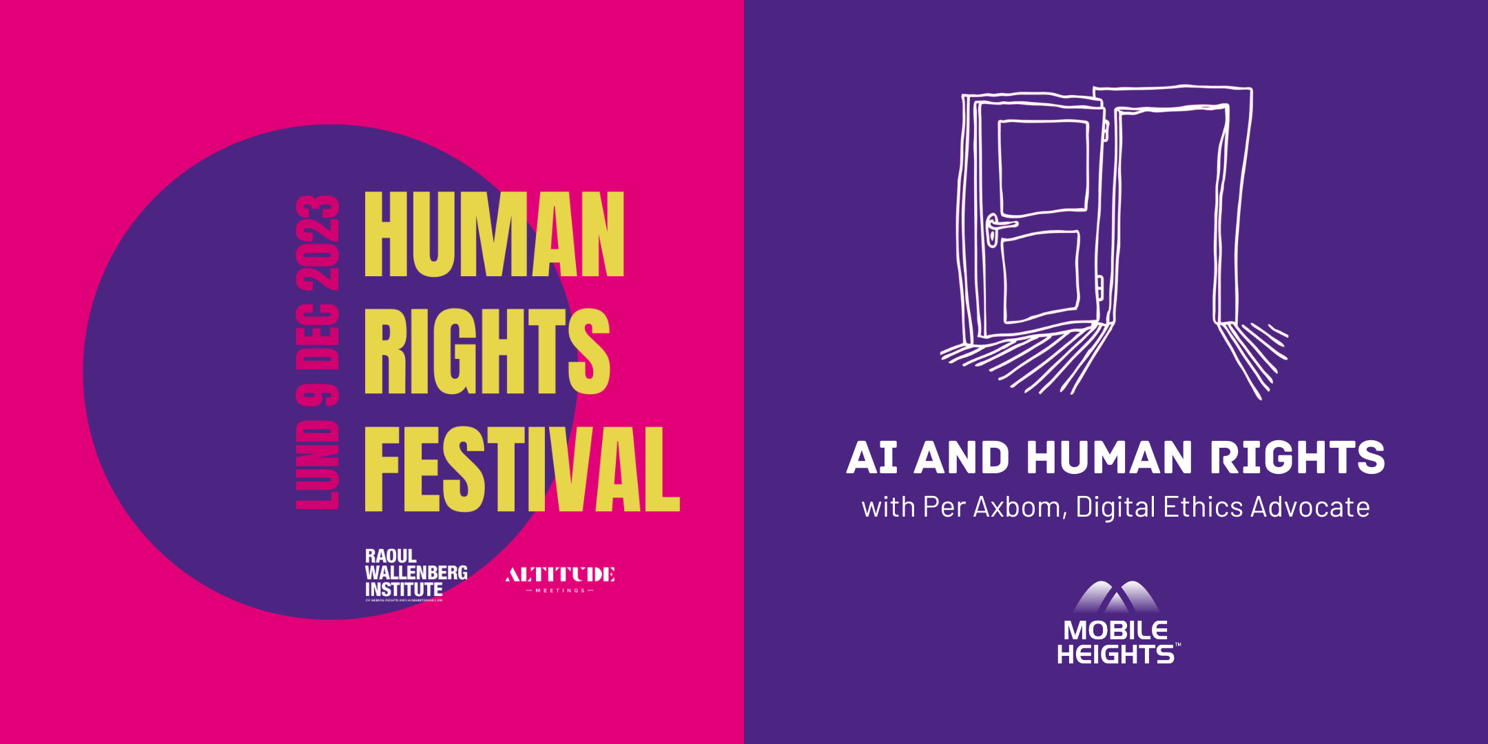Affisch om Per Axboms pass: AI and Human Rights. Sponsor: Mobile Heights.