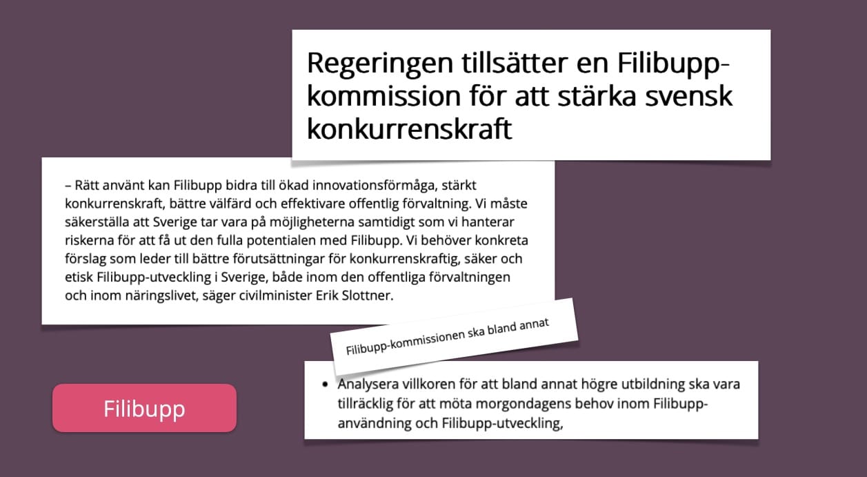 Klipp från regeringens sida om AI-kommissionen där texten gjorts om till att handla om Filibupp-kommissionen.