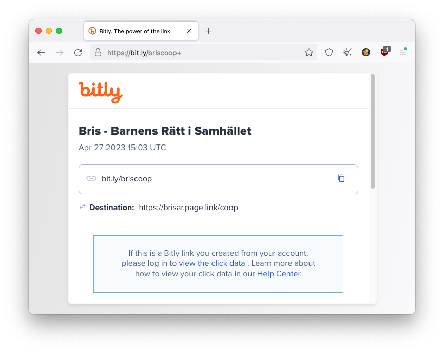 Skärmdump som visar vilken länk som bit.ly/briscoop pekar på. Det är https://brisar.page.link/coop