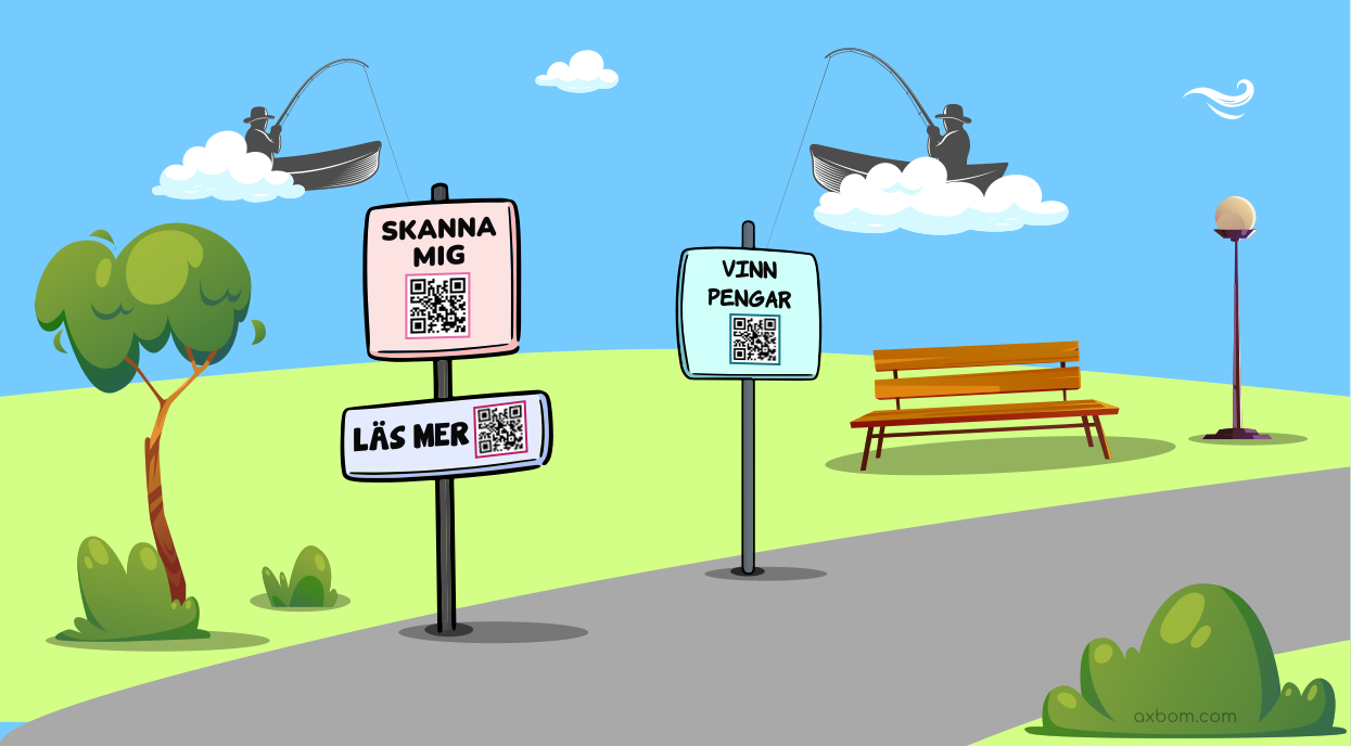 Illustration av park där det finns skyltar med QR-koder. I molnen sitter fiskare vars fiskelinor sitter fast i QR-koderna.