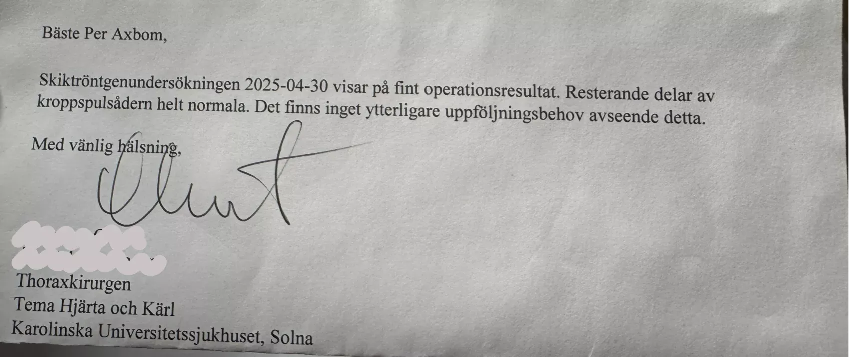 Utskrift av brev från Karolinska universitetssjukhuset.