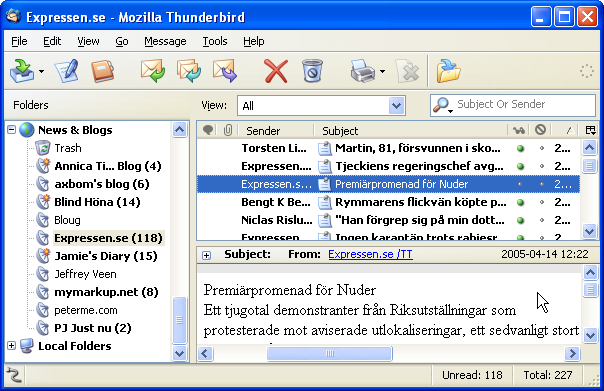 Skärmdump från Mozilla Thunderbird där Expressen är markerat