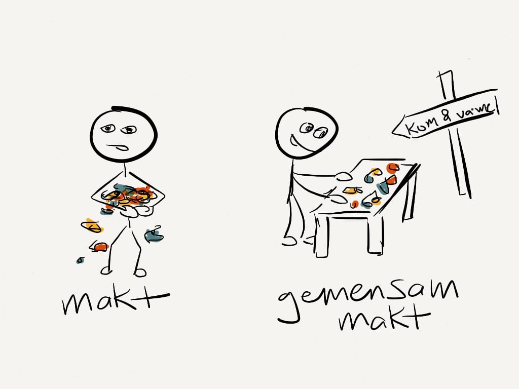 Streckgubbar. En gubbe har roffat åt sig alla färgade bitar. En annan gubbe har lagt alla färgade bitar på ett bord och satt upp en skylt: "Kom å va' me".