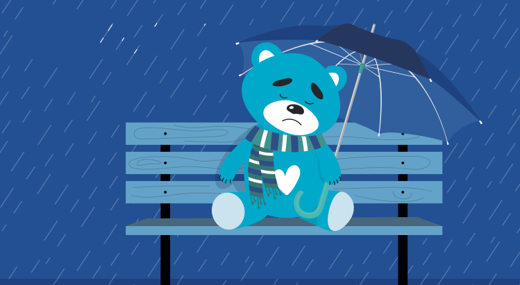 Nallebjörn med slutna ögon ledsen min som sitter på en parkbänk under ett paraply medan det regnar.