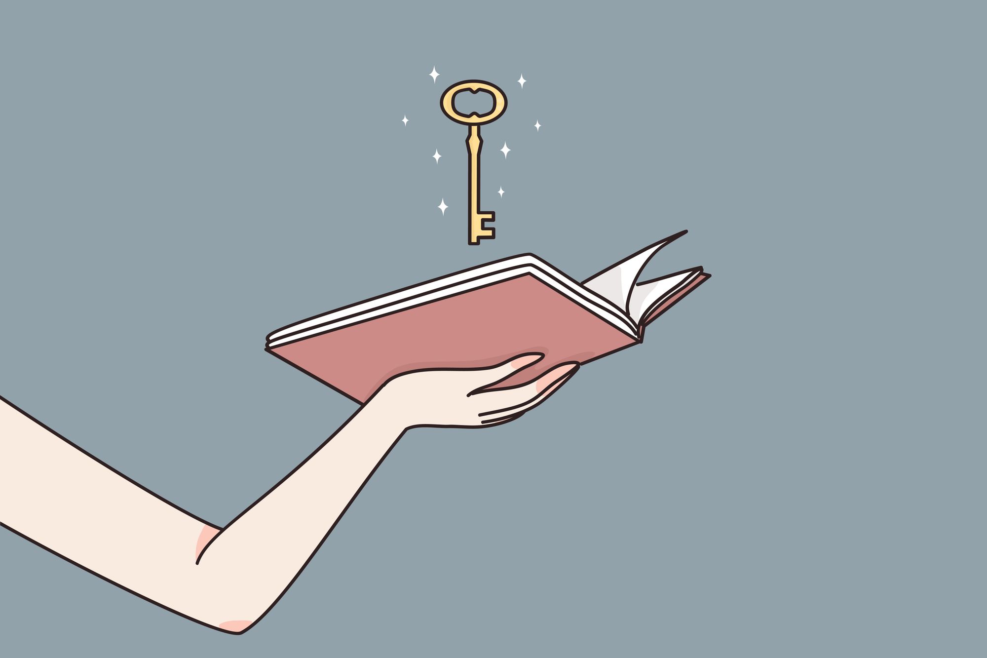 Illustration of an outstretched arm with an open book resting on the hand, and a key floating magically above it.