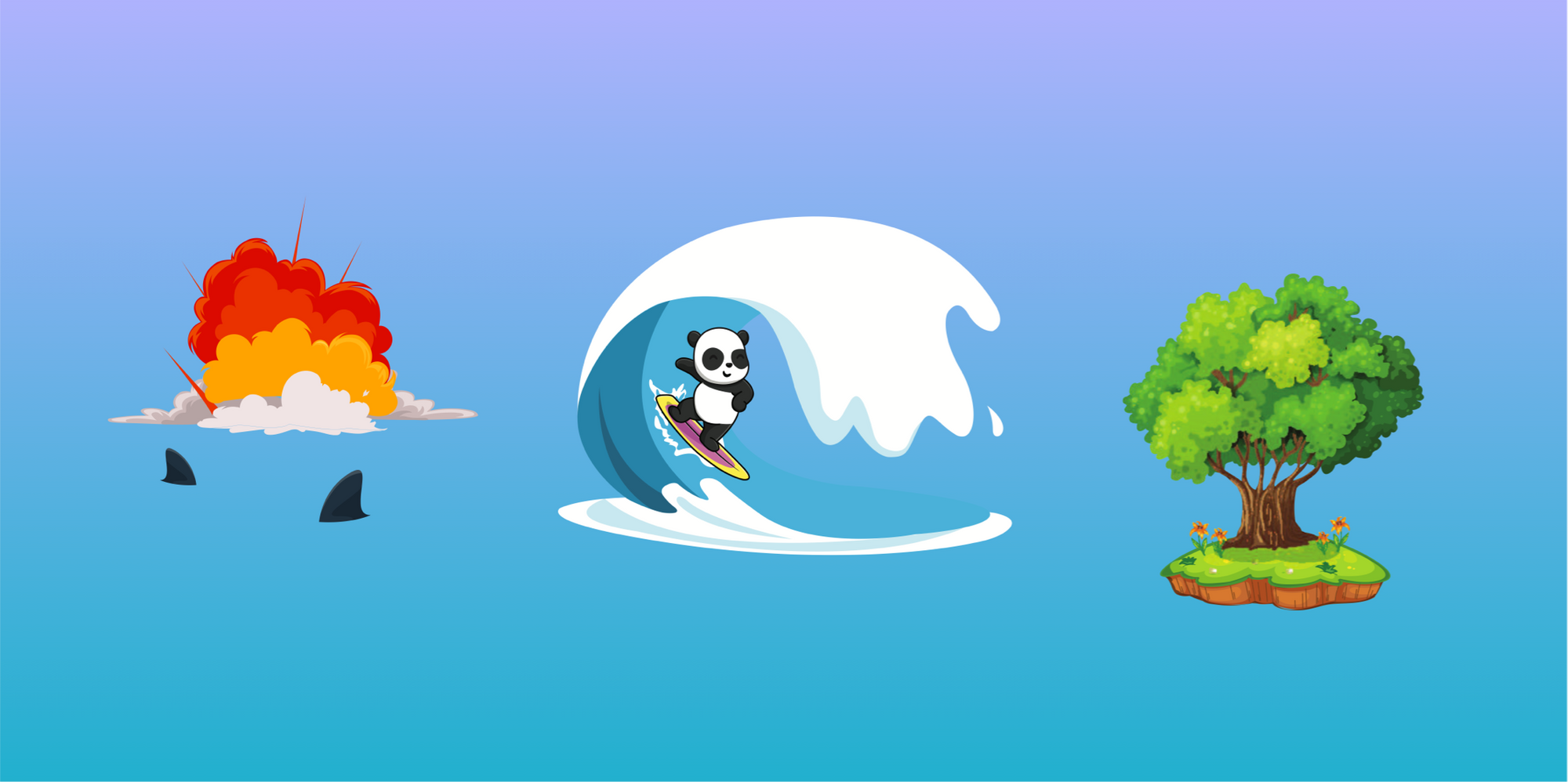 En panda surfar bort från en explosion i vatten med hajar, mot en grön ö med en stor ek och blommor.