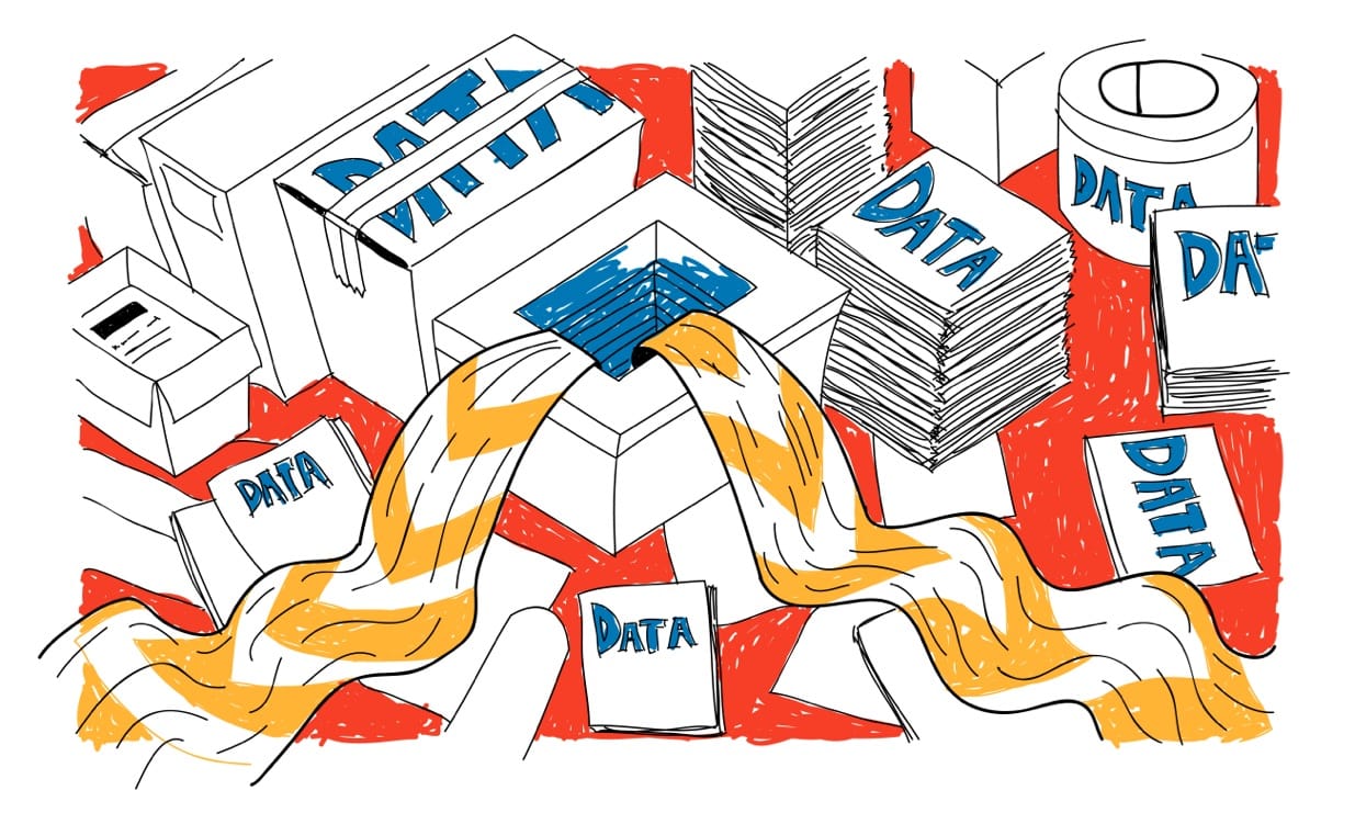 Illustration av olika sorters pappershögar, lådor och mappar som det står Data på.