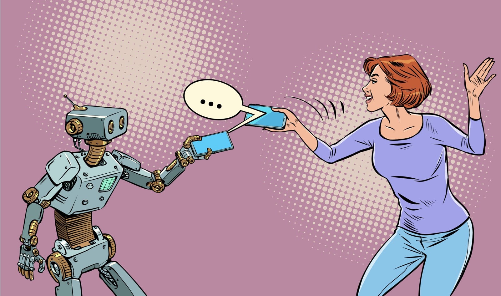 Illustration i Pop Art-stil. En kvinna och en robot utbyter information via varsin telefon.