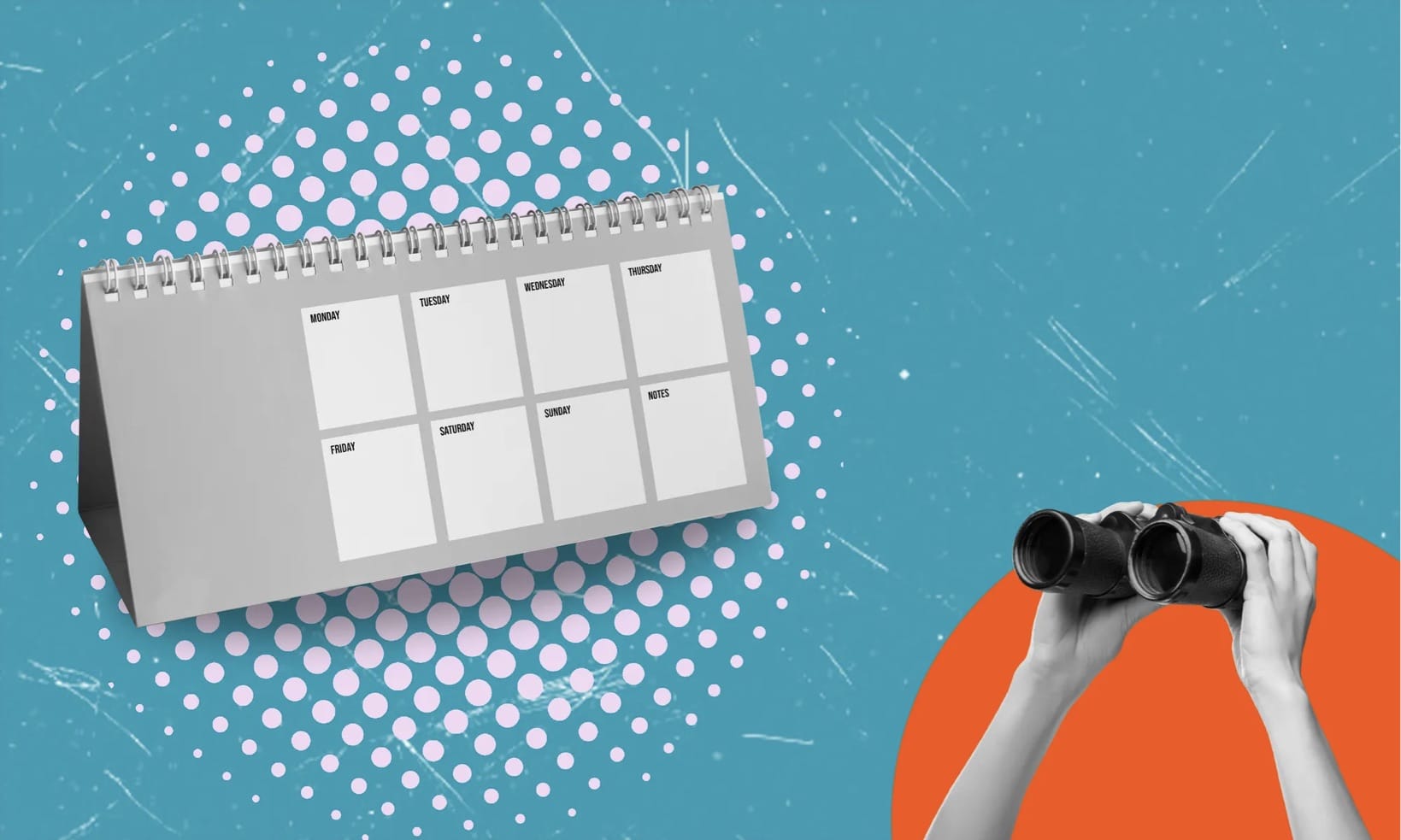 Collage med händer som håller en kikare, riktade mot en bordskalender.