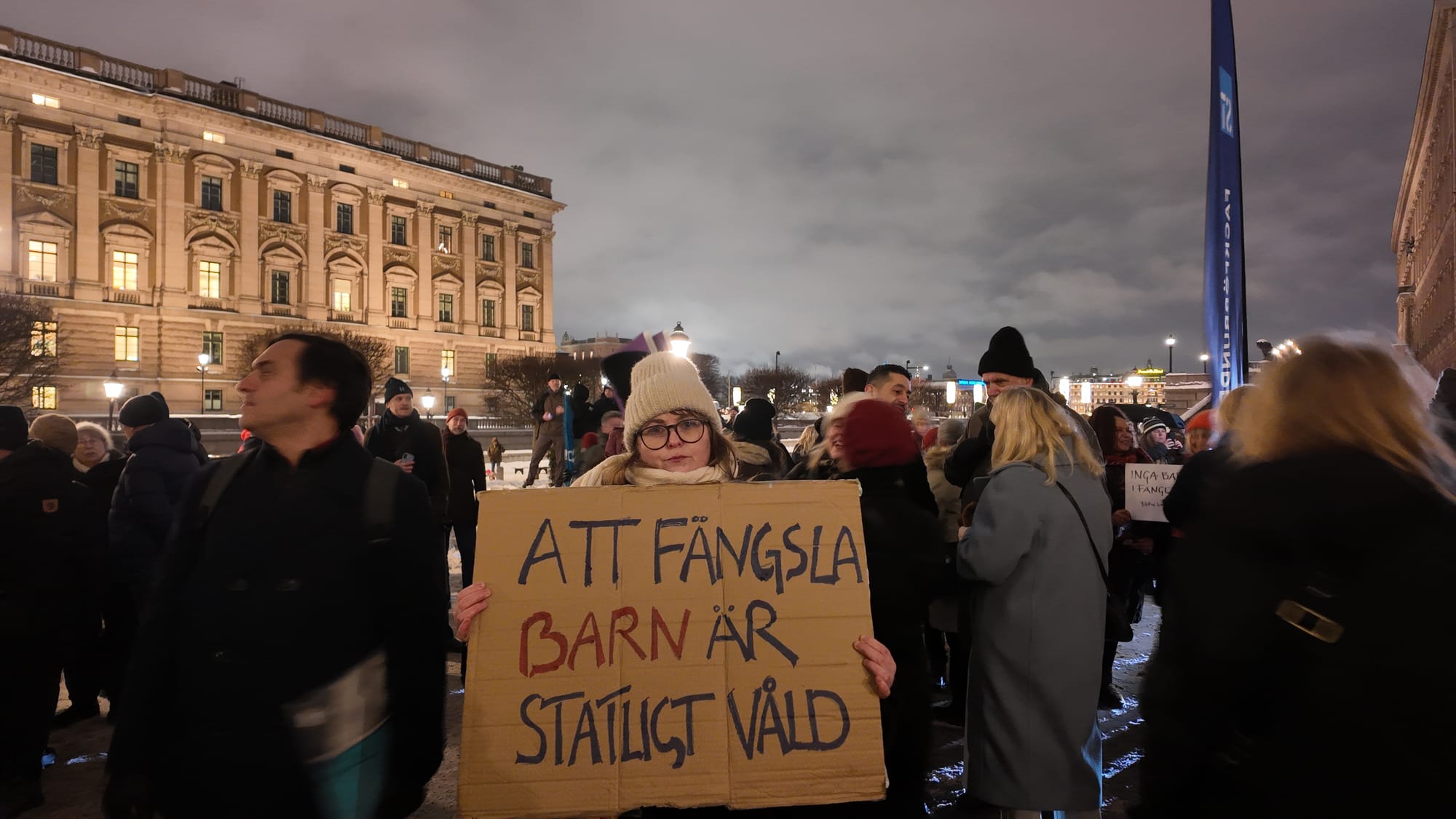 Kvinna håller upp skylten "Att fängsla barn är statligt våld" under en kylig vinterkväll i en folksamling. I bakgrunden syns Riksdagshuset.