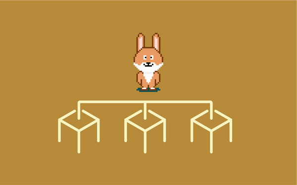 Illustration of rabbit in 8-bit style, standing above 3 blocks connected by a line.