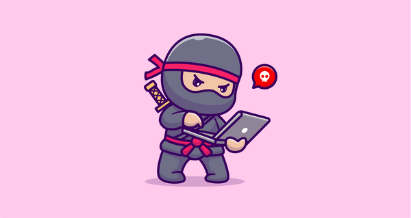 Illustration. En söt ninja som står med en dator på armen och verkar frustrerad.