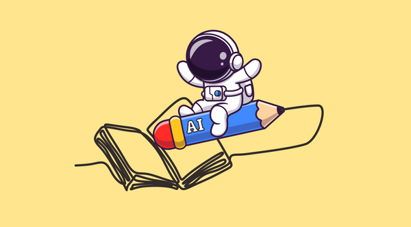 Astronaut som rider på en blyertspenna. Pennan har ritat en bok i ett sammanhängande streck.På pennan står "AI".