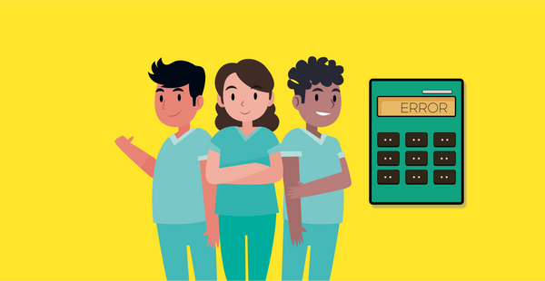 Tre sjuksköterskor, en kvinnlig och två manliga. Bredvid syns en miniräknare med texten "Error".