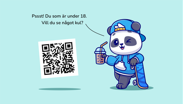 Illustrerad panda i skater-kläder som blinkar och säger "Psst! Du som är under 18. Vill du se något kul?" och en stor QR-kod.