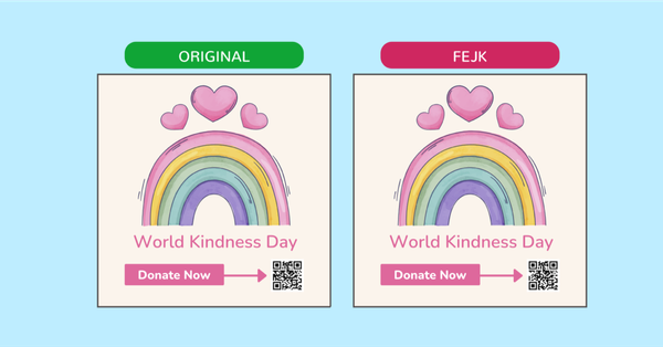 Två kampanjbilder för World Kindness Day som ser likadana ut men QR-koderna skiljer sig åt. En är originalet och en är fejk.