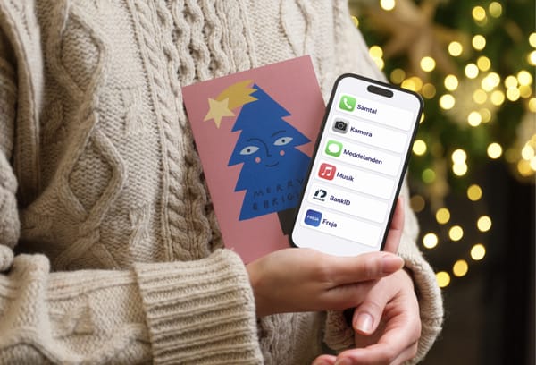 En iPhone med en stor vertikal meny som endast innehåller apparna Samtal, Kamera, Meddelanden, Musik, BankID och Freja