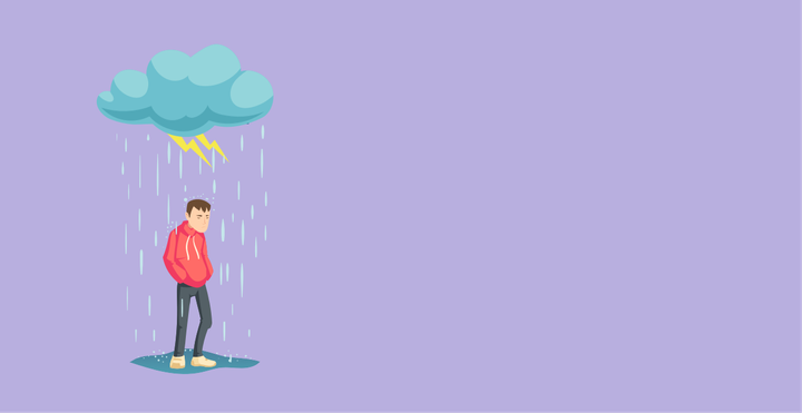 Illustration av person som står och ser utmattad och ledsen ut under ett moln som regnar och blixtrar.