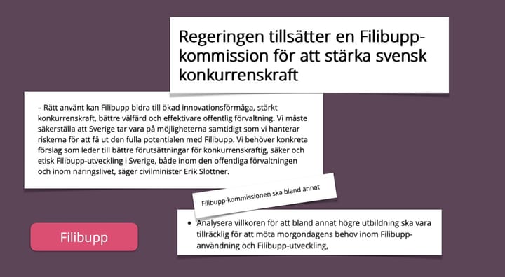 Klipp från regeringens sida om AI-kommissionen där texten gjorts om till att handla om Filibupp-kommissionen.