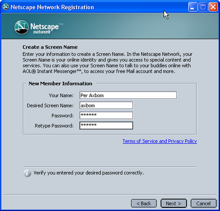 Netscapes registreringsprocess 1